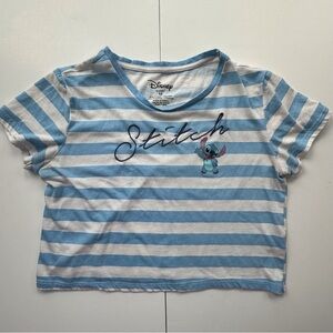 Disney Stitch blue &‎ white striped short sleeve crop top juniors medium